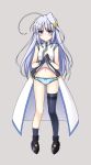  1girl :t ahoge black_gloves blue_eyes blue_hair blue_panties blush bow bow_panties dress dress_lift fingerless_gloves gloves grey_background highres long_hair lyrical_nanoha mahou_shoujo_lyrical_nanoha_strikers navel panties pout raiou reinforce_zwei single_thighhigh solo thigh-highs underwear very_long_hair 