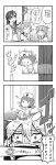  4koma :d ^_^ ahoge alternate_costume closed_eyes comic fairy_(kantai_collection) folded_ponytail giving_up_the_ghost gym_uniform hair_ornament hairclip head_bump highres ikazuchi_(kantai_collection) inazuma_(kantai_collection) kantai_collection long_hair monochrome name_tag ooyodo_(kantai_collection) open_mouth school_uniform serafuku seraphwia short_hair smile translation_request 