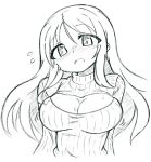  1girl blush breasts cleavage cleavage_cutout flying_sweatdrops kantai_collection large_breasts lineart long_hair lowres monochrome motion_lines open-chest_sweater ribbed_sweater shinkaisei-kan shortland simple_background solo sweater ta-class_battleship turtleneck white_background 