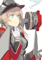  1girl anchor_hair_ornament aqua_eyes black_ribbon blonde_hair gloves hair_ribbon hat iron_cross kantai_collection long_hair long_sleeves looking_up machinery military military_uniform peaked_cap prinz_eugen_(kantai_collection) ribbon simple_background sketch solo tai0201 turret twintails uniform white_background white_gloves 