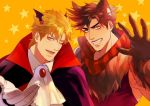  2boys animal_ears ascot bat_wings blonde_hair brown_hair caesar_anthonio_zeppeli cape claws facial_mark glenn343434 grin halloween head_wings jojo_no_kimyou_na_bouken joseph_joestar_(young) multiple_boys smile vampire werewolf wings wolf_ears 