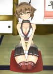  1girl absurdres blush breast_squeeze breasts brown_hair brown_legwear cleavage collarbone full_body gloves gori_matsu_(turuyasann2) green_eyes head_tilt headgear highres indoors kantai_collection looking_at_viewer microskirt midriff mutsu_(kantai_collection) pleated_skirt seiza short_hair sitting skirt sleeveless smile solo thigh-highs v_arms white_gloves wide_hips 