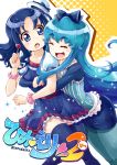  &gt;_&lt; 2girls blue_eyes blue_hair blue_skirt blush candy color_connection crossover happinesscharge_precure! heartcatch_precure! hug hug_from_behind jewelry kurumi_erika lollipop long_hair multiple_girls open_mouth precure satogo shirayuki_hime skirt smile thigh-highs zettai_ryouiki 