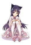  1girl :&lt; animal_ears bangs black_hair blunt_bangs blush cat_ears dress fake_animal_ears gokou_ruri hands_on_knees highres long_hair matsuryuu mole ore_no_imouto_ga_konna_ni_kawaii_wake_ga_nai ribbon-trimmed_legwear ribbon_trim shoes sitting solo thigh-highs violet_eyes white_background white_legwear 