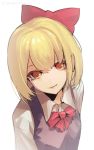  1girl blonde_hair bow bust hair_bow highres looking_at_viewer msmusui rumia short_hair simple_background smile solo touhou twitter_username white_background yellow_eyes 