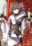  1girl adapted_costume blush brown_eyes brown_hair cowboy_shot flower fur_trim hair_flower hair_ornament headgear highres japanese_clothes kantai_collection karlwolf kimono looking_at_viewer short_hair snowing solo taihou_(kantai_collection) twitter_username 