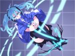  1girl blue_eyes blue_hair ene_(kagerou_project) headphones kagerou_project long_hair looking_at_viewer matsuryuu smile thigh-highs twintails 