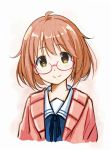  1girl brown_eyes brown_hair cardigan glasses kuriyama_mirai kyoukai_no_kanata red-framed_glasses red_glasses school_uniform sekiyu. short_hair smile 