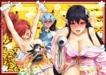  4girls alcohol antenna_hair arms_up azanami_(pso2) black_hair blue_eyes blush blush_stickers bottle breasts censored character_censor cleavage closed_eyes clothes_down collarbone drunk earrings egasumi eyebrows floral_print hair_ornament hair_over_one_eye heart heterochromia highres holding homura_(haku89) horn horns io_(pso2) japanese_clothes jewelry katori_(pso2) kimono large_breasts long_hair looking_at_viewer minigirl mole_under_eye motion_lines multicolored_hair multiple_girls novelty_censor obi off_shoulder open_mouth orange_eyes phantasy_star phantasy_star_online_2 pink_eyes pointy_ears ponytail redhead sake sake_bottle sash tamahime_(pso2) thick_eyebrows tokkuri translation_request triangle_mouth two-tone_hair white_hair 