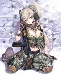  1girl arm_support assault_rifle badge breasts brown_gloves brown_hair camouflage camouflage_pants cleavage cross front-tie_top gloves gun hair_ornament headphones headset heckler_&amp;_koch highres hk416 knee_pads long_hair matsuryuu midriff one_eye_closed operator original pants parted_lips ponytail pouch rifle scarf sitting skull smile solo suppressor vertical_foregrip violet_eyes weapon wink yokozuwari 