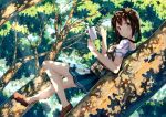  1girl blush book braid brown_hair dark_skin highres holding holding_book legs loafers long_hair looking_at_viewer lying on_back open_book original outdoors plaid plaid_vest pleated_skirt shoes short_sleeves skirt smile solo suke_(suraimubesulove) tree tree_branch vest waving yellow_eyes 