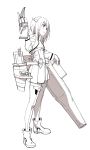  1girl from_side full_body headgear highres kantai_collection kinosuke_(sositeimanoga) lineart monochrome short_hair simple_background skirt solo standing taihou_(kantai_collection) thigh-highs white_background 