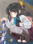  1girl black_hair can grey_legwear half_updo kantai_collection ko_ru_ri long_hair monster_energy multicolored_hair naganami_(kantai_collection) pantyhose pink_hair red_bull ribbon soda_can solo stacking uniform yellow_eyes 