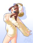  1girl :d animal_hat blue_eyes breasts brown_hair cleavage cleavage_cutout hat horns long_hair looking_at_viewer open-chest_sweater open_mouth original roadmaxter sheep_horns smile solo sweater 