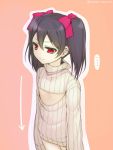  1girl black_hair breast_conscious cleavage_cutout flat_chest hair_ribbon love_live!_school_idol_project open-chest_sweater red_eyes ribbed_sweater ribbon short_hair solo sweater turtleneck twintails uzu_hi yazawa_nico 