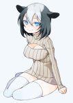  1girl animal_ears black_hair blue_eyes breasts cleavage hair_between_eyes highres jpeg_artifacts looking_at_viewer multicolored_hair open-chest_sweater panties ribbed_sweater simple_background sitting smile solo sweater sweater_dress thigh-highs tsukasa_takashi two-tone_hair underwear white_hair white_legwear white_panties yokozuwari 