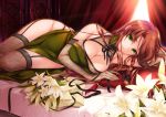  1girl alternate_costume bare_shoulders between_legs black_gloves blush bow braid breasts china_dress chinese_clothes cleavage cleavage_cutout elbow_gloves flower garter_straps gloves green_eyes hair_bow highres hong_meiling large_breasts long_hair looking_at_viewer lying moneti_(daifuku) on_side redhead revision skindentation smile solo thigh-highs touhou twin_braids 