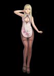  1girl absurdres armpits black_background blonde_hair blue_eyes brown_legwear china_dress chinese_clothes cleavage_cutout dress fingernails full_body goldengear870 highres knees_touching looking_at_viewer nose parted_lips shoes short_dress simple_background solo standing thigh_gap 