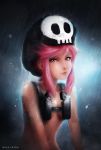  1girl hat highres jakuzure_nonon kill_la_kill looking_at_viewer nearesven nudist_beach_uniform pink_eyes pink_hair rain realistic skull smile 