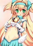  1girl :o blazblue blonde_hair blush bust gloves godharo1 green_eyes heart heart-shaped_pupils long_hair looking_at_viewer navel platinum_the_trinity shirt_lift skirt smile solo symbol-shaped_pupils very_long_hair white_gloves 