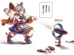  1girl bladeless_fan hat inari_(flandoll-scarlet-devil) japanese_clothes kariginu mononobe_no_futo open_mouth plate ponytail ribbon short_hair silver_hair skirt smile solo tate_eboshi they_had_lots_of_sex_afterwards touhou translated 