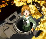  1girl :d blush girls_und_panzer green_skirt long_sleeves looking_up military military_vehicle nishizumi_miho open_mouth orange_eyes orange_hair pleated_skirt school_uniform serafuku shiratama_(hockey) short_hair skirt smile solo tank tree vehicle 