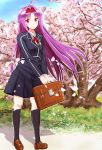  1girl absurdres ahoge bag cherry_blossoms hairband highres loafers long_hair purple_hair red_eyes school_uniform shoes sword_art_online telaform tree yuuki_(sao) 