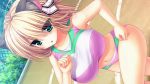  1girl ahoge animal_ears aqua_eyes blonde_hair breasts cat_ears dutch_angle game_cg hair_ribbon large_breasts midriff navel ribbon running short_hair solo sports_bra syroh tagme tania_helvellyn yakimochi_stream 