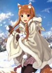  1girl animal_ears blush brown_hair fangs highres holo hooded_cloak kawakami_rokkaku long_hair looking_at_viewer mittens open_mouth red_eyes smile snow snowball solo spice_and_wolf tail wolf_ears wolf_tail 