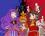  3girls benikurage blonde_hair bow braid brown_hair cigarette claws cookie_(touhou) cosplay crescent crossed_arms detached_sleeves flying_sweatdrops grin hair_bow hair_tubes hakurei_reimu long_hair mars_(cookie) mittens multiple_girls patchouli_knowledge poke_ball pokemon purple_hair red_eyes scotch_(cookie) short_hair smile sweatdrop tagme taisa_(cookie) tongue tongue_out touhou translation_request violet_eyes yellow_eyes 