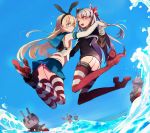  2girls amatsukaze_(kantai_collection) black_panties blonde_hair blush brown_eyes elbow_gloves fang garter_straps gloves hair_tubes hairband hands_together jumping kantai_collection long_hair multiple_girls one_eye_closed open_mouth panties rensouhou-chan rensouhou-kun school_uniform serafuku shimakaze_(kantai_collection) silver_hair skirt striped striped_legwear thigh-highs twintails two_side_up underwear water white_gloves 