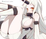  1girl 9law breasts horn kantai_collection large_breasts long_hair pale_skin seaport_hime shinkaisei-kan sideboob simple_background solo twitter_username white_background white_hair yellow_eyes 