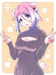  1girl animal_ears blue_eyes breasts cleavage cleavage_cutout double_v horns lavender_hair looking_at_viewer open-chest_sweater original ribbed_sweater sakayama_shinta sheep_ears sheep_horns sheep_tail short_hair solo sweater v 