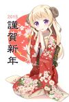  1girl 2015 :d blonde_hair blush hair_intakes hands_together horns hyuuga_azuri japanese_clothes kimono long_hair new_year open_mouth original scarf sheep_horns smile solo violet_eyes 