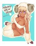  1girl and bare_shoulders bikini blonde_hair blush breasts cleavage collarbone gloves highres horns large_breasts long_hair looking_at_viewer original sheep_girl sheep_horns side-tie_bikini solo swimsuit thigh-highs violet_eyes 