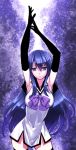  1girl armpits arms_up black_gloves black_legwear blue_eyes blue_hair breasts contrapposto covered_navel cowboy_shot elbow_gloves gloves gokukoku_no_brynhildr highres kuroha_neko large_breasts long_hair looking_at_viewer matsuryuu parted_lips ribbon sleeveless solo thigh-highs triangle_mouth wide_hips zettai_ryouiki 