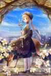  1girl animal_ears apron blonde_hair blue_sky chain_chronicle clouds deer flower forest green_eyes hat hat_ribbon highres juliet_sleeves long_sleeves nature original pantyhose petals puffy_sleeves ribbon ruins shirt skirt sky solo staff sugi waist_apron 