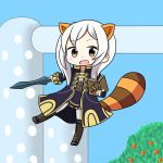  1girl :o animal_ears blush book brown_eyes chibi company_connection dual_wielding fire_emblem fire_emblem:_kakusei floating highres hooded_cloak long_coat long_sleeves looking_at_viewer my_unit nintendo raccoon_ears raccoon_tail solo super_mario_bros. super_smash_bros. sword tail tree twintails weapon white_hair 