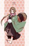  1girl 2015 barefoot brown_eyes brown_hair futatsuiwa_mamizou futatsuiwa_mamizou_(human) glasses hair_ornament hairclip hakama haori highres japanese_clothes leaf_hair_ornament pom_pom_(clothes) raccoon_tail scarf smile syn tail touhou 