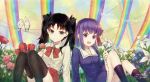  2girls bird black_hair black_legwear blue_eyes fate/stay_night fate/zero fate_(series) flower hair_ribbon highres jugatsu_junichi lily_(flower) matou_sakura multiple_girls purple_hair revision ribbon rose signature thighhighs toosaka_rin twintails violet_eyes zettai_ryouiki 