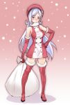  1girl adapted_costume aila_jyrkiainen blue_eyes boots breasts elbow_gloves fur_boots fur_trim gloves gundam gundam_build_fighters hand_on_hip hat highres long_hair looking_at_viewer matsuryuu red_boots red_gloves red_legwear sack santa_boots silver_hair solo thigh-highs thigh_boots white_gloves zettai_ryouiki 