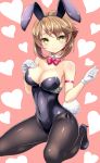  1girl animal_ears bare_shoulders blush bowtie breasts brown_hair bunny_girl bunny_tail bunnysuit cleavage detached_collar gloves green_eyes high_heels highres kantai_collection kase_daiki large_breasts looking_at_viewer mutsu_(kantai_collection) pantyhose rabbit_ears short_hair simple_background smile solo tail wrist_cuffs 