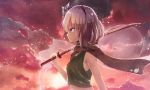  1girl bare_arms blue_eyes clouds grey_hair hairband highres katana konpaku_youmu konpaku_youmu_(ghost) looking_away midriff navel raira scarf short_hair solo sunset sword touhou weapon 