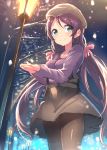  1girl beret black_legwear casual cowboy_shot green_eyes hat highres kame^^ lamppost long_hair looking_at_viewer love_live!_school_idol_project low_twintails night pantyhose smile snowing solo toujou_nozomi twintails very_long_hair 