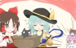  3girls =3 alcohol beer benikurage black_eyes bow brown_hair can cat chopsticks cookie_(touhou) dolphin green_hair hair_bow hair_ribbon hair_tubes hakurei_reimu hat heart ittosai komeiji_koishi komeiji_satori mashiroma_zenima multiple_girls nabe open_mouth pink_hair ribbon short_hair smile third_eye touhou yukkuri_shiteitte_ne 