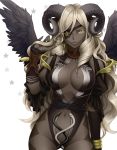  black_skin breasts chimachi cleavage demon_girl eyepatch horns long_hair navel original star wavy_hair white_hair wings yellow_eyes 