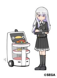 1girl absurdres crossed_arms food highres karameru long_hair official_art ongeki red_eyes robot sega skirt smile standing sumeragi_setsuna white_background white_hair 
