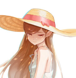  1girl absurdres bare_shoulders breasts closed_mouth commentary_request dress hat highres kiss-shot_acerola-orion_heart-under-blade kiss-shot_acerola-orion_heart-under-blade_(young) kizumonogatari long_hair looking_at_viewer monogatari_(series) necktie oretekiya oshino_shinobu pink_necktie pointy_ears simple_background small_breasts straw_hat sunlight vampire white_background white_dress yellow_eyes 