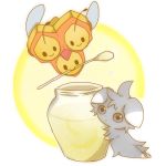  combee espurr honeypot mouth_hold no_humans pokemon pokemon_(creature) ranyui_(yupipipi) smile spoon violet_eyes 