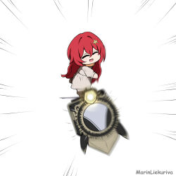  1girl absurdres artist_name astral_express_(honkai:_star_rail) brown_dress chibi chibi_only closed_eyes dress hair_between_eyes hair_ornament highres himeko_(honkai:_star_rail) himeko_(young)_(honkai:_star_rail) honkai:_star_rail honkai_(series) incoming_object long_hair marin_liekuriva motion_lines open_mouth red_hair simple_background smile solo star_(symbol) star_hair_ornament throwing toy white_background 